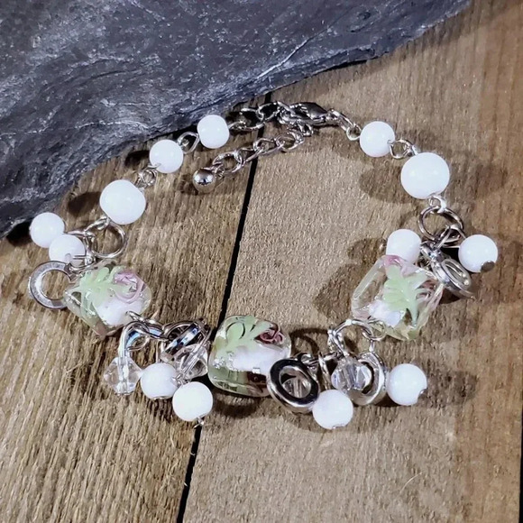 Vintage Murano Glass Beads White Silver Baubles Charm Bracelet Style C - Picture 3 of 5